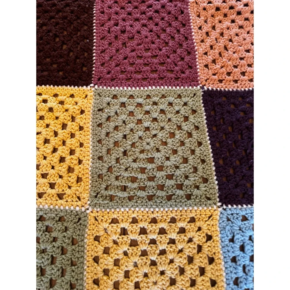 Vintage Handmade Crochet Granny Square Throw Blanket Patchwork Afghan